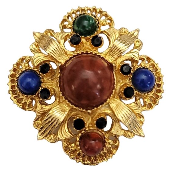 Gold Tone Maltese Cross Lucite Cabochon Brooch Designer Style M820